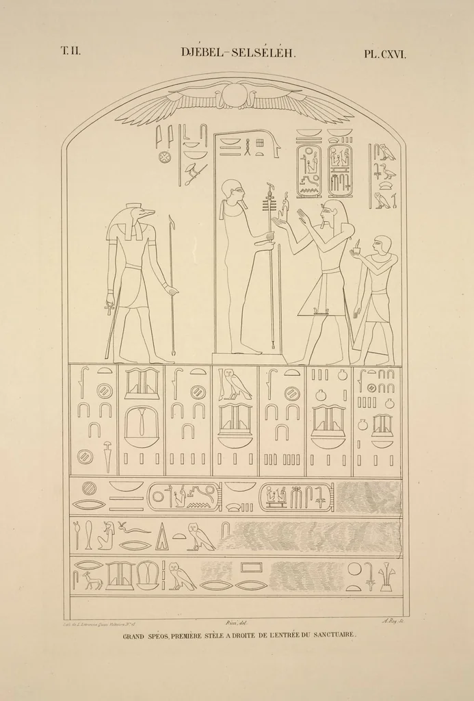 An illustration from Monuments de l'Égypte et de la Nubie, d'après les dessins exécutés sur les lieux sous la direction de Champollion-le-jeune, et les descriptions autographes qu'il en a rédigées; pub. sous les auspices de M. Guizot et de M. Thiers ... par une commission spéciale. Planches, 1835, leaf 134