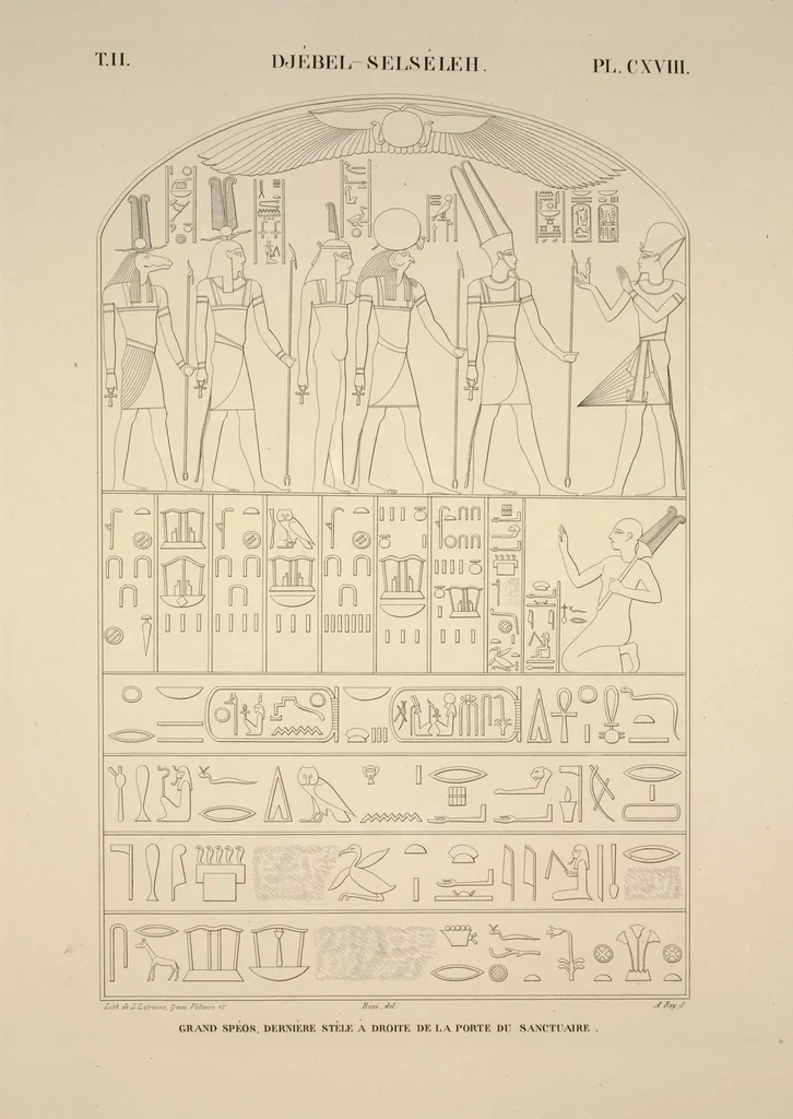 An illustration from Monuments de l'Égypte et de la Nubie, d'après les dessins exécutés sur les lieux sous la direction de Champollion-le-jeune, et les descriptions autographes qu'il en a rédigées; pub. sous les auspices de M. Guizot et de M. Thiers ... par une commission spéciale. Planches, 1835, leaf 136