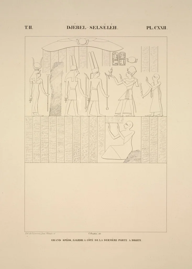 An illustration from Monuments de l'Égypte et de la Nubie, d'après les dessins exécutés sur les lieux sous la direction de Champollion-le-jeune, et les descriptions autographes qu'il en a rédigées; pub. sous les auspices de M. Guizot et de M. Thiers ... par une commission spéciale. Planches, 1835, leaf 140