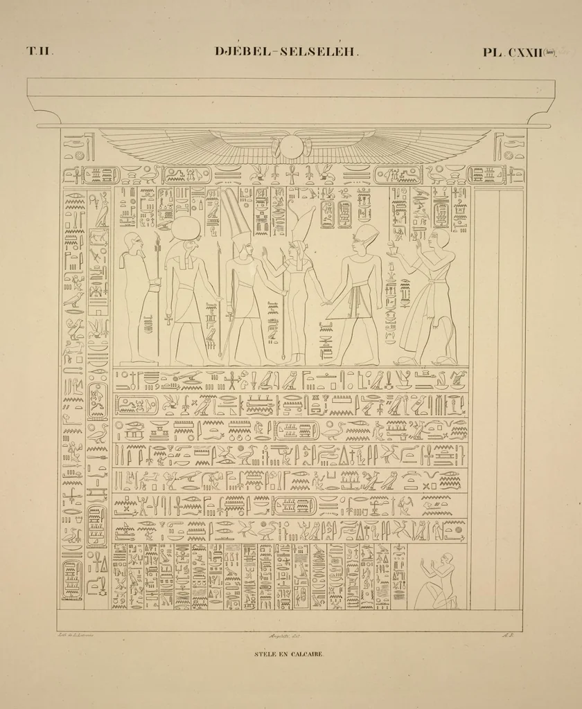 An illustration from Monuments de l'Égypte et de la Nubie, d'après les dessins exécutés sur les lieux sous la direction de Champollion-le-jeune, et les descriptions autographes qu'il en a rédigées; pub. sous les auspices de M. Guizot et de M. Thiers ... par une commission spéciale. Planches, 1835, leaf 142