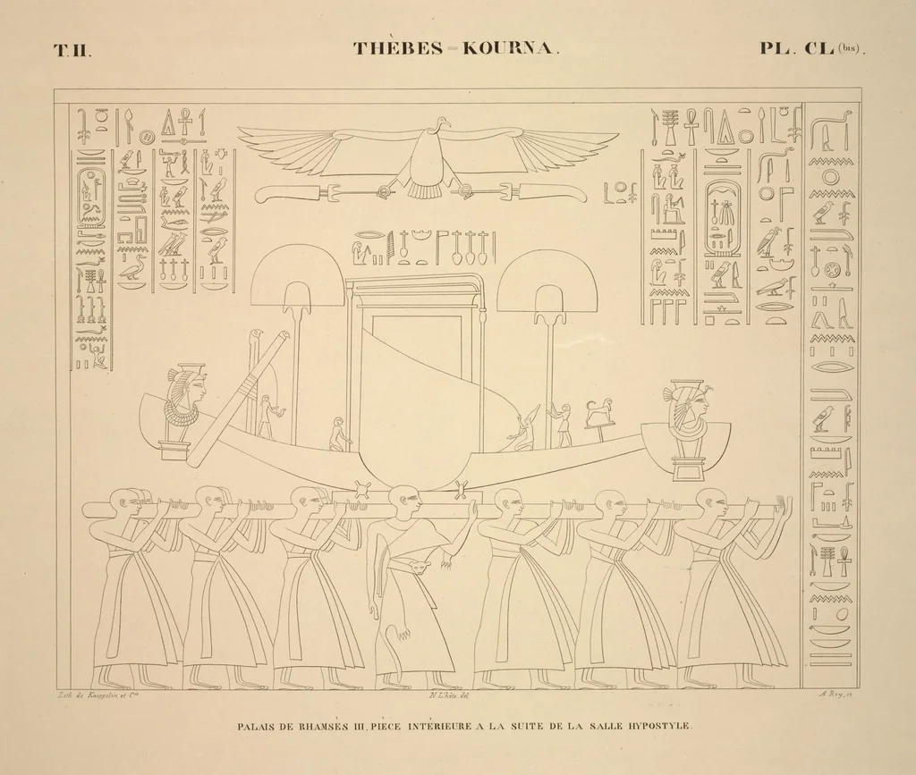 An illustration from Monuments de l'Égypte et de la Nubie, d'après les dessins exécutés sur les lieux sous la direction de Champollion-le-jeune, et les descriptions autographes qu'il en a rédigées; pub. sous les auspices de M. Guizot et de M. Thiers ... par une commission spéciale. Planches, 1835, leaf 184