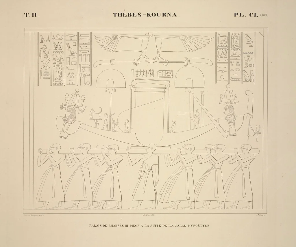 An illustration from Monuments de l'Égypte et de la Nubie, d'après les dessins exécutés sur les lieux sous la direction de Champollion-le-jeune, et les descriptions autographes qu'il en a rédigées; pub. sous les auspices de M. Guizot et de M. Thiers ... par une commission spéciale. Planches, 1835, leaf 185
