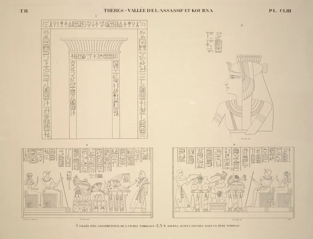 An illustration from Monuments de l'Égypte et de la Nubie, d'après les dessins exécutés sur les lieux sous la direction de Champollion-le-jeune, et les descriptions autographes qu'il en a rédigées; pub. sous les auspices de M. Guizot et de M. Thiers ... par une commission spéciale. Planches, 1835, leaf 188