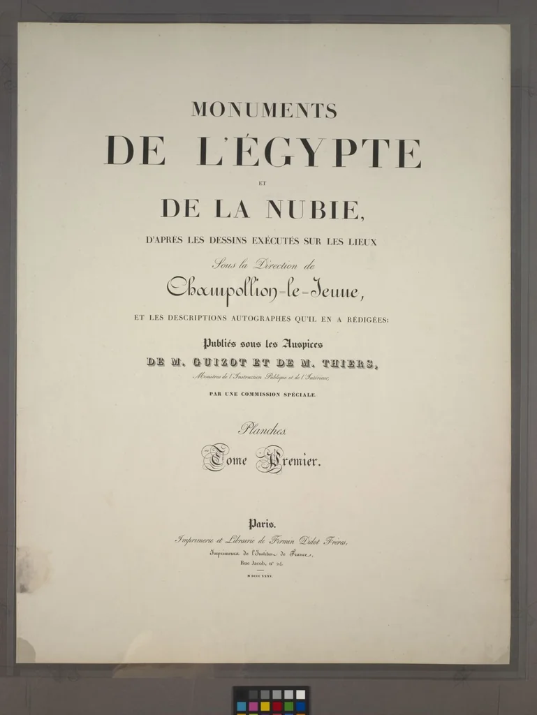 An illustration from Monuments de l'Égypte et de la Nubie, d'après les dessins exécutés sur les lieux sous la direction de Champollion-le-jeune, et les descriptions autographes qu'il en a rédigées; pub. sous les auspices de M. Guizot et de M. Thiers ... par une commission spéciale. Planches, 1835, leaf 2