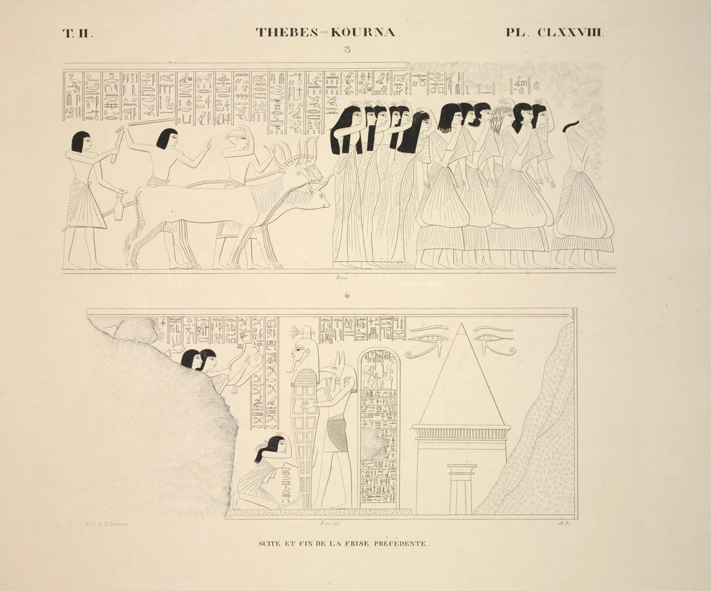 An illustration from Monuments de l'Égypte et de la Nubie, d'après les dessins exécutés sur les lieux sous la direction de Champollion-le-jeune, et les descriptions autographes qu'il en a rédigées; pub. sous les auspices de M. Guizot et de M. Thiers ... par une commission spéciale. Planches, 1835, leaf 213
