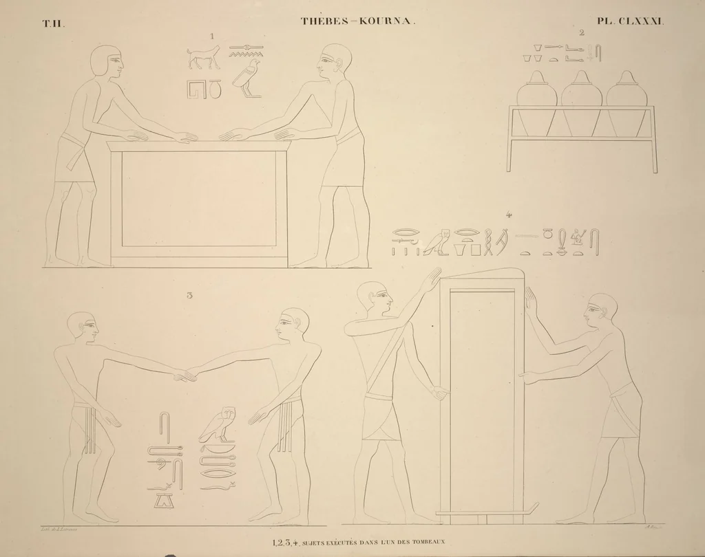 An illustration from Monuments de l'Égypte et de la Nubie, d'après les dessins exécutés sur les lieux sous la direction de Champollion-le-jeune, et les descriptions autographes qu'il en a rédigées; pub. sous les auspices de M. Guizot et de M. Thiers ... par une commission spéciale. Planches, 1835, leaf 215