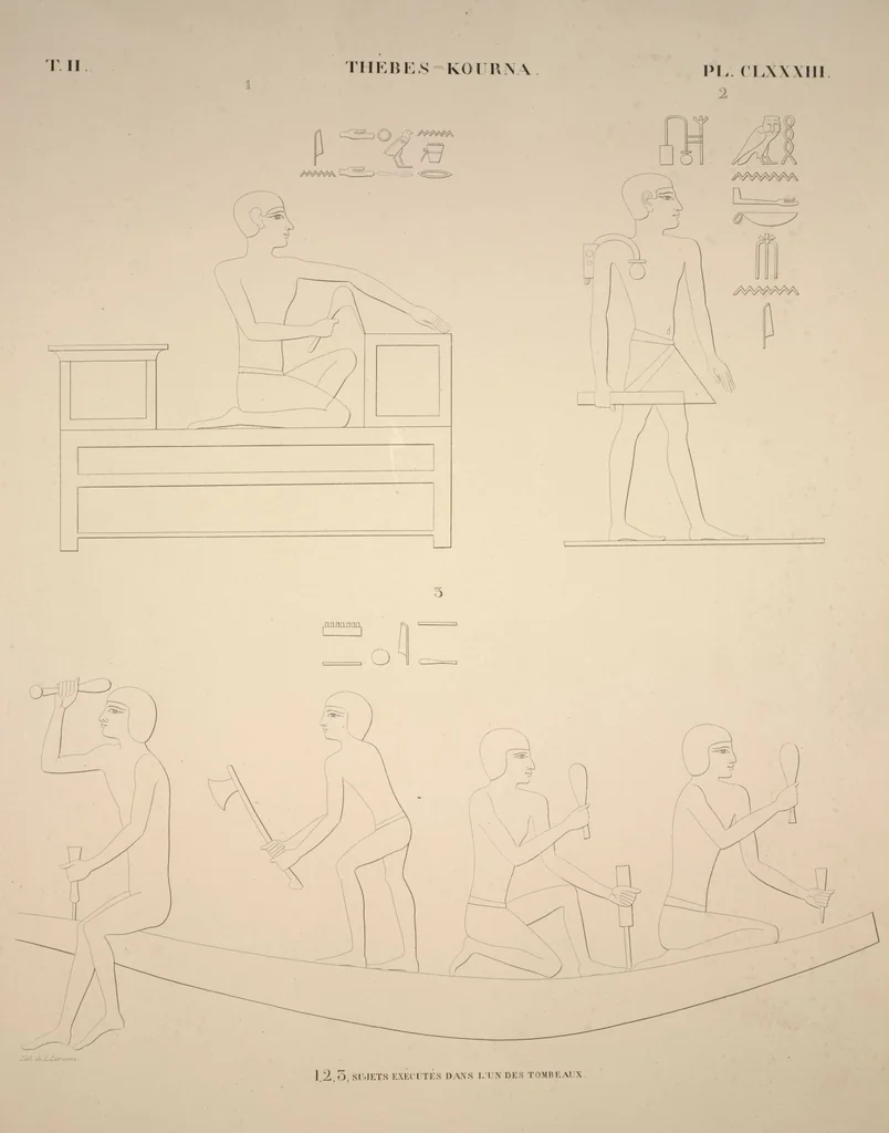 An illustration from Monuments de l'Égypte et de la Nubie, d'après les dessins exécutés sur les lieux sous la direction de Champollion-le-jeune, et les descriptions autographes qu'il en a rédigées; pub. sous les auspices de M. Guizot et de M. Thiers ... par une commission spéciale. Planches, 1835, leaf 217