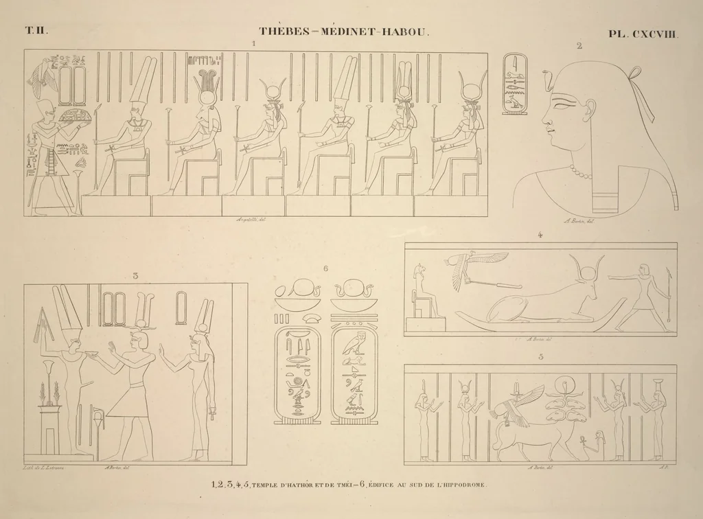 An illustration from Monuments de l'Égypte et de la Nubie, d'après les dessins exécutés sur les lieux sous la direction de Champollion-le-jeune, et les descriptions autographes qu'il en a rédigées; pub. sous les auspices de M. Guizot et de M. Thiers ... par une commission spéciale. Planches, 1835, leaf 233
