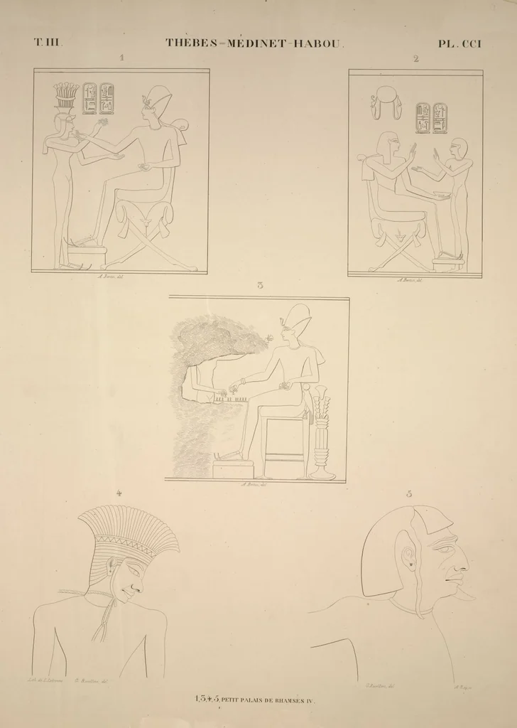 An illustration from Monuments de l'Égypte et de la Nubie, d'après les dessins exécutés sur les lieux sous la direction de Champollion-le-jeune, et les descriptions autographes qu'il en a rédigées; pub. sous les auspices de M. Guizot et de M. Thiers ... par une commission spéciale. Planches, 1835, leaf 237