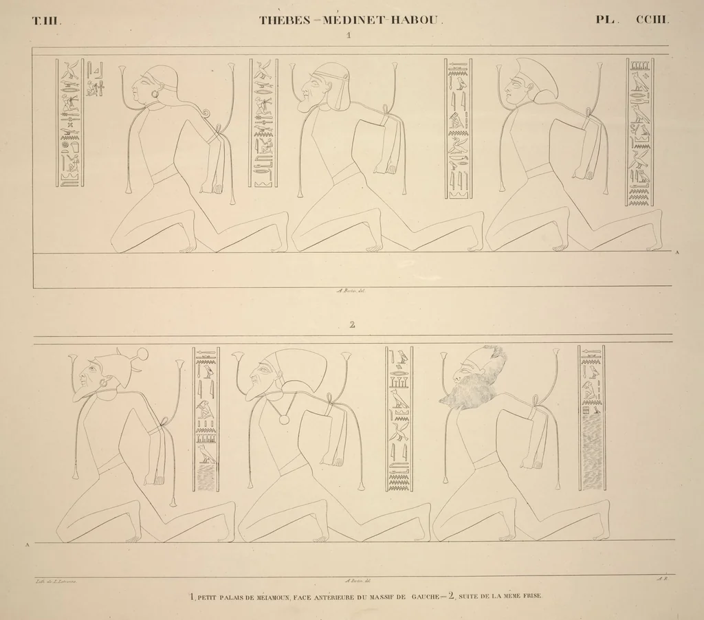 An illustration from Monuments de l'Égypte et de la Nubie, d'après les dessins exécutés sur les lieux sous la direction de Champollion-le-jeune, et les descriptions autographes qu'il en a rédigées; pub. sous les auspices de M. Guizot et de M. Thiers ... par une commission spéciale. Planches, 1835, leaf 239