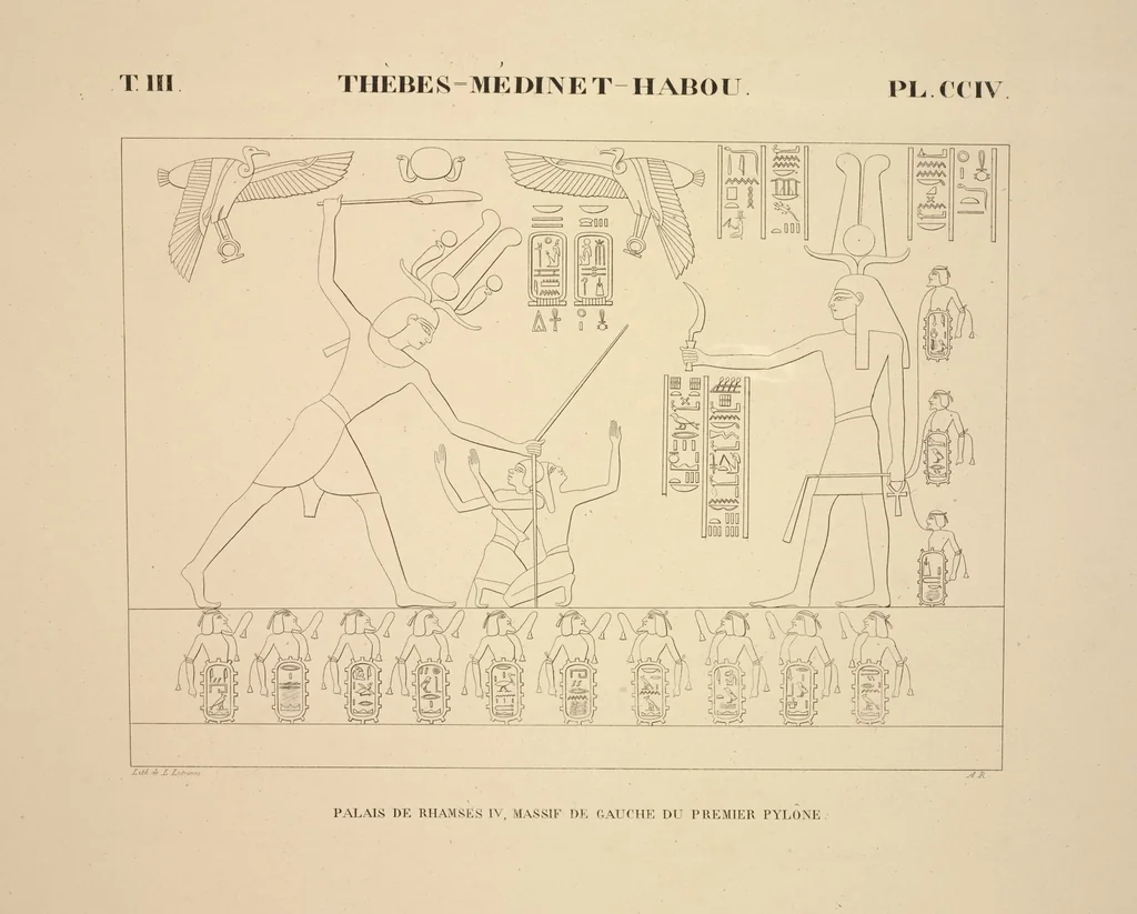 An illustration from Monuments de l'Égypte et de la Nubie, d'après les dessins exécutés sur les lieux sous la direction de Champollion-le-jeune, et les descriptions autographes qu'il en a rédigées; pub. sous les auspices de M. Guizot et de M. Thiers ... par une commission spéciale. Planches, 1835, leaf 240