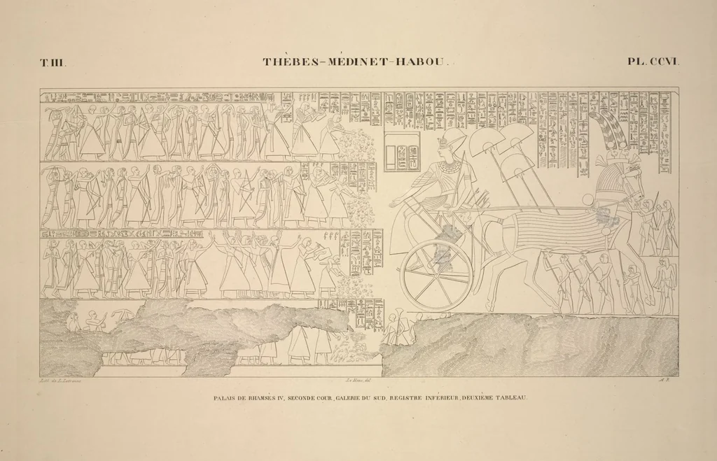 An illustration from Monuments de l'Égypte et de la Nubie, d'après les dessins exécutés sur les lieux sous la direction de Champollion-le-jeune, et les descriptions autographes qu'il en a rédigées; pub. sous les auspices de M. Guizot et de M. Thiers ... par une commission spéciale. Planches, 1835, leaf 242