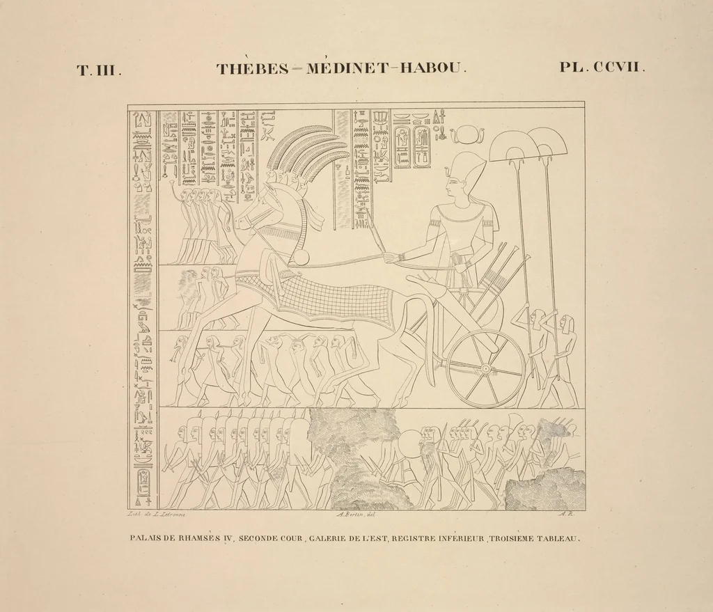 An illustration from Monuments de l'Égypte et de la Nubie, d'après les dessins exécutés sur les lieux sous la direction de Champollion-le-jeune, et les descriptions autographes qu'il en a rédigées; pub. sous les auspices de M. Guizot et de M. Thiers ... par une commission spéciale. Planches, 1835, leaf 243