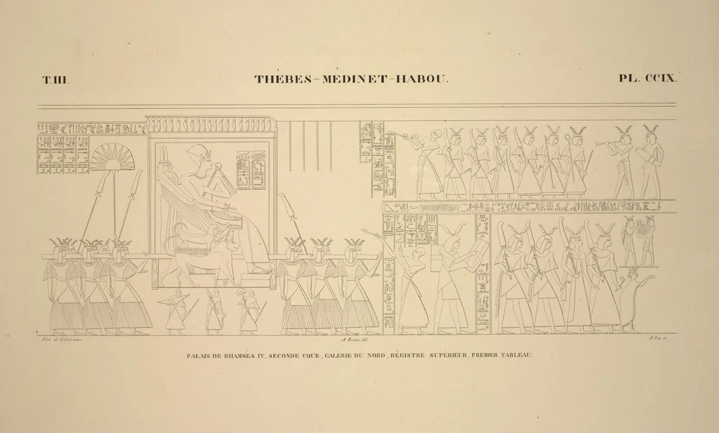 An illustration from Monuments de l'Égypte et de la Nubie, d'après les dessins exécutés sur les lieux sous la direction de Champollion-le-jeune, et les descriptions autographes qu'il en a rédigées; pub. sous les auspices de M. Guizot et de M. Thiers ... par une commission spéciale. Planches, 1835, leaf 245