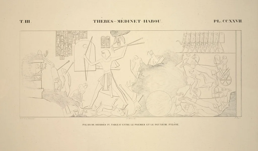 An illustration from Monuments de l'Égypte et de la Nubie, d'après les dessins exécutés sur les lieux sous la direction de Champollion-le-jeune, et les descriptions autographes qu'il en a rédigées; pub. sous les auspices de M. Guizot et de M. Thiers ... par une commission spéciale. Planches, 1835, leaf 266