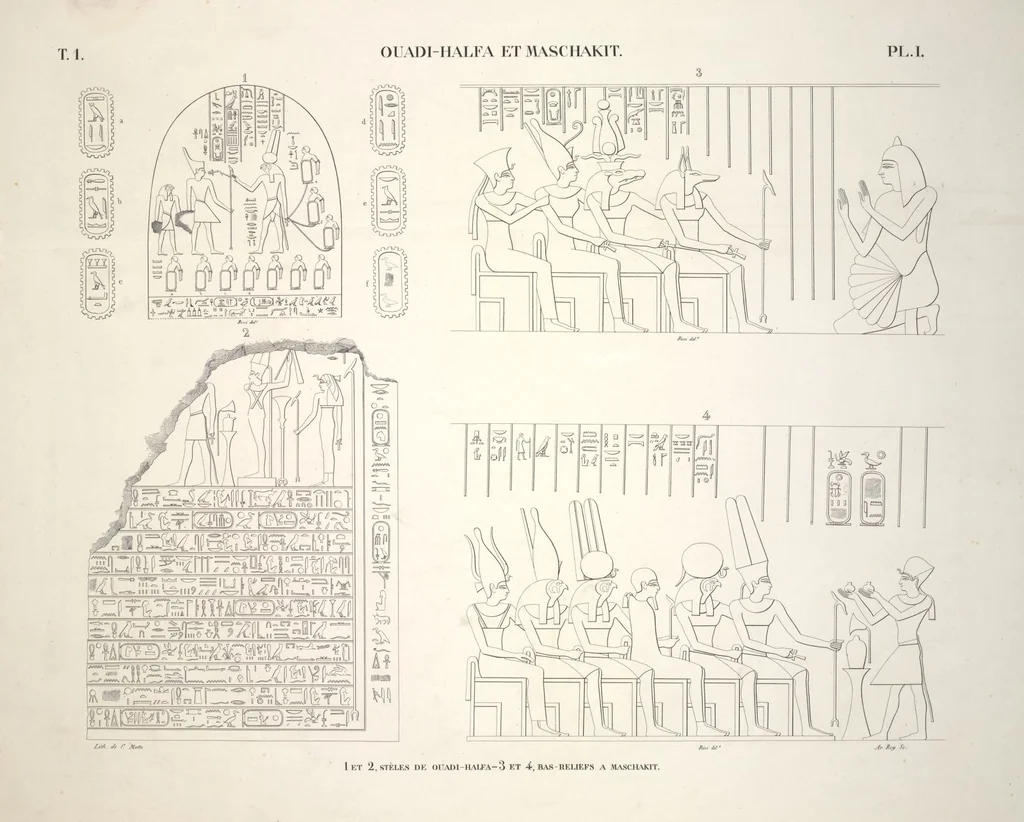 An illustration from Monuments de l'Égypte et de la Nubie, d'après les dessins exécutés sur les lieux sous la direction de Champollion-le-jeune, et les descriptions autographes qu'il en a rédigées; pub. sous les auspices de M. Guizot et de M. Thiers ... par une commission spéciale. Planches, 1835, leaf 3