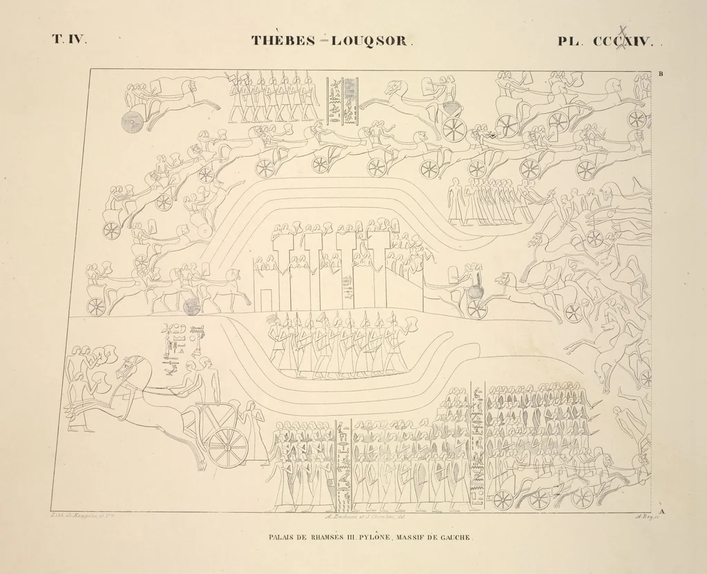 An illustration from Monuments de l'Égypte et de la Nubie, d'après les dessins exécutés sur les lieux sous la direction de Champollion-le-jeune, et les descriptions autographes qu'il en a rédigées; pub. sous les auspices de M. Guizot et de M. Thiers ... par une commission spéciale. Planches, 1835, leaf 370