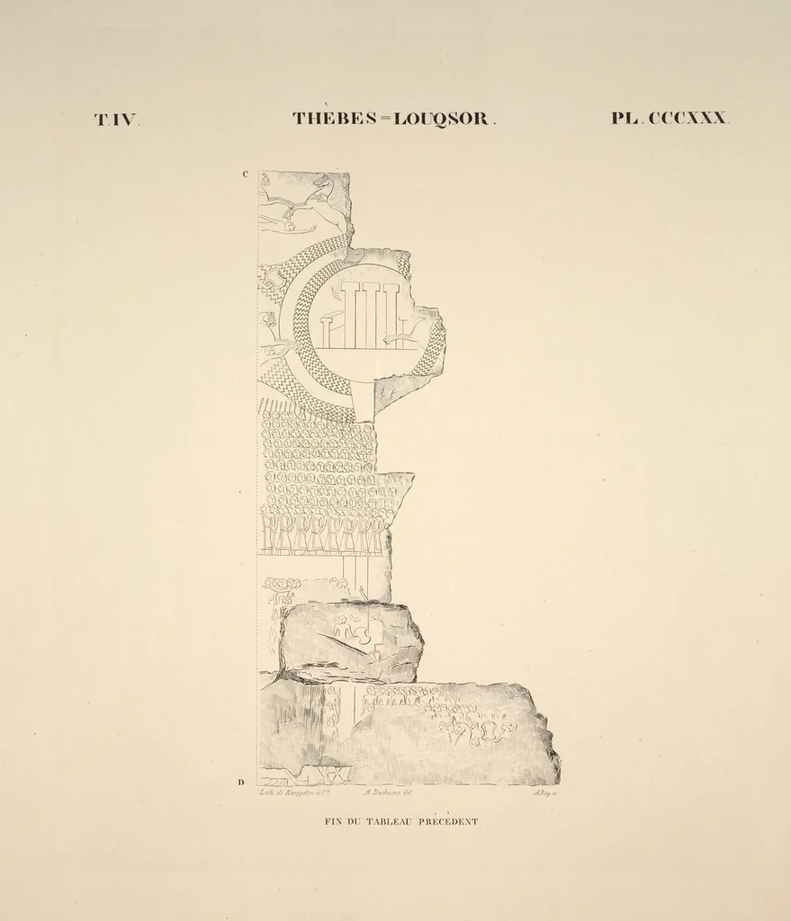 An illustration from Monuments de l'Égypte et de la Nubie, d'après les dessins exécutés sur les lieux sous la direction de Champollion-le-jeune, et les descriptions autographes qu'il en a rédigées; pub. sous les auspices de M. Guizot et de M. Thiers ... par une commission spéciale. Planches, 1835, leaf 377