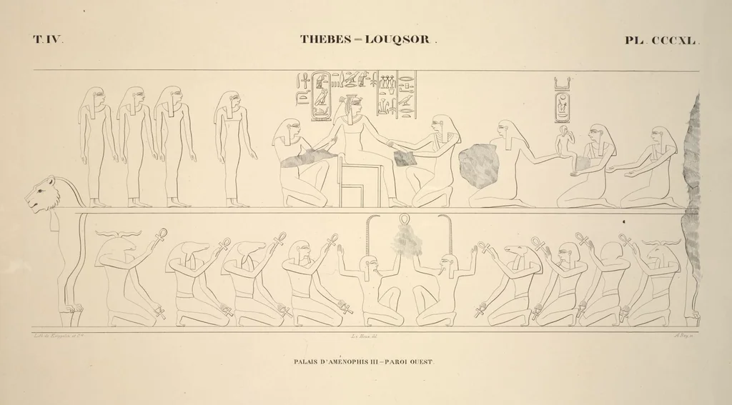 An illustration from Monuments de l'Égypte et de la Nubie, d'après les dessins exécutés sur les lieux sous la direction de Champollion-le-jeune, et les descriptions autographes qu'il en a rédigées; pub. sous les auspices de M. Guizot et de M. Thiers ... par une commission spéciale. Planches, 1835, leaf 387
