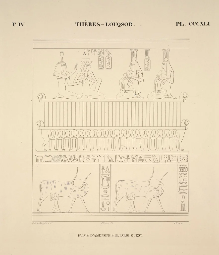 An illustration from Monuments de l'Égypte et de la Nubie, d'après les dessins exécutés sur les lieux sous la direction de Champollion-le-jeune, et les descriptions autographes qu'il en a rédigées; pub. sous les auspices de M. Guizot et de M. Thiers ... par une commission spéciale. Planches, 1835, leaf 388