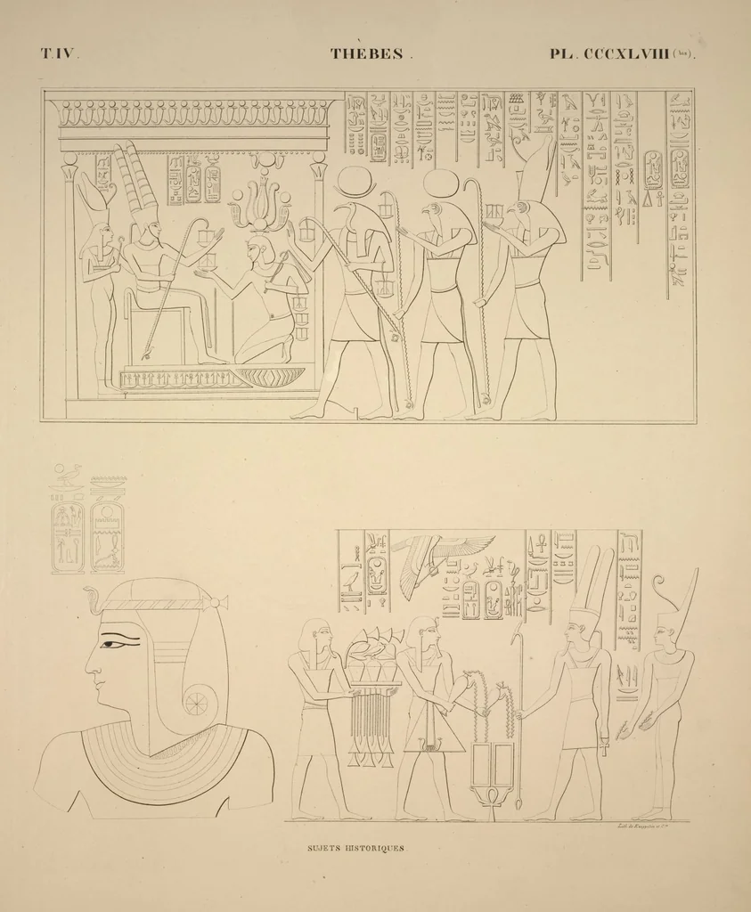 An illustration from Monuments de l'Égypte et de la Nubie, d'après les dessins exécutés sur les lieux sous la direction de Champollion-le-jeune, et les descriptions autographes qu'il en a rédigées; pub. sous les auspices de M. Guizot et de M. Thiers ... par une commission spéciale. Planches, 1835, leaf 396