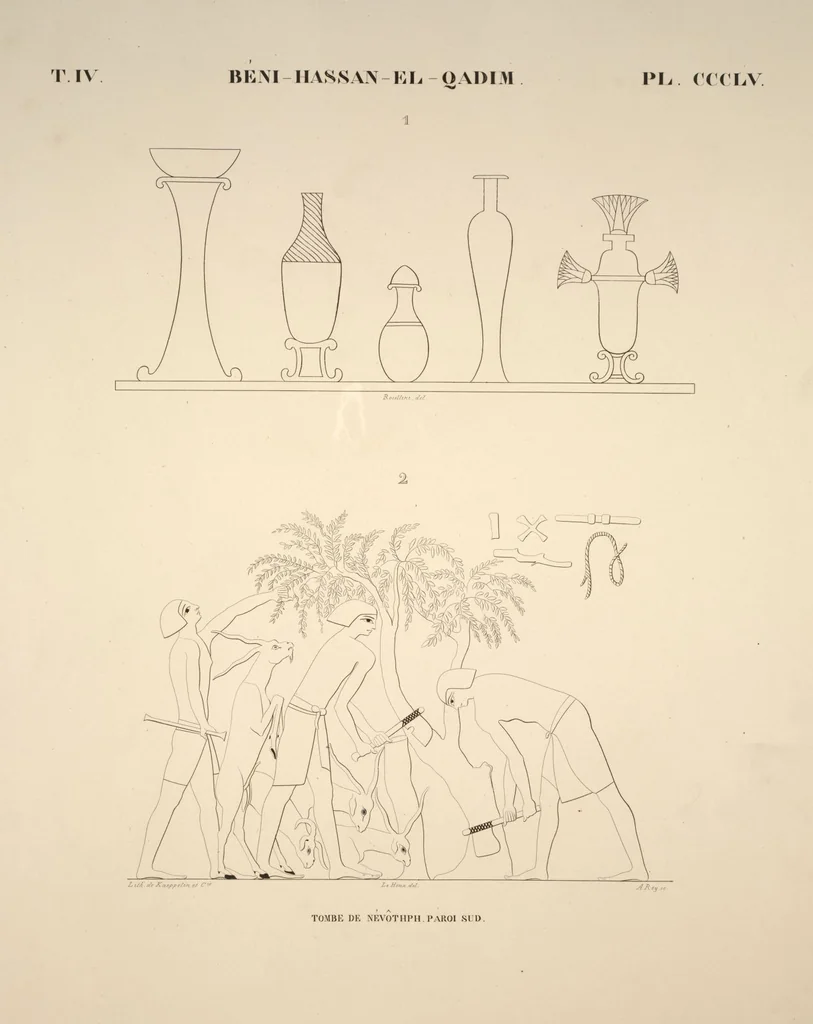 An illustration from Monuments de l'Égypte et de la Nubie, d'après les dessins exécutés sur les lieux sous la direction de Champollion-le-jeune, et les descriptions autographes qu'il en a rédigées; pub. sous les auspices de M. Guizot et de M. Thiers ... par une commission spéciale. Planches, 1835, leaf 406