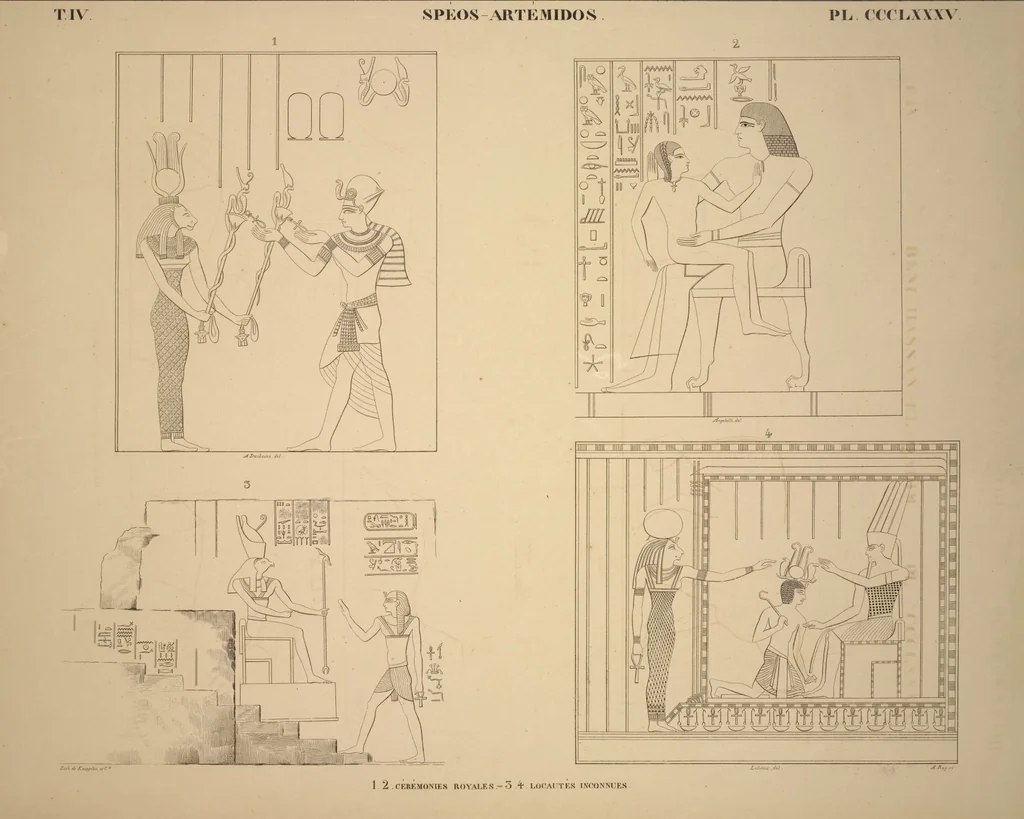 An illustration from Monuments de l'Égypte et de la Nubie, d'après les dessins exécutés sur les lieux sous la direction de Champollion-le-jeune, et les descriptions autographes qu'il en a rédigées; pub. sous les auspices de M. Guizot et de M. Thiers ... par une commission spéciale. Planches, 1835, leaf 442