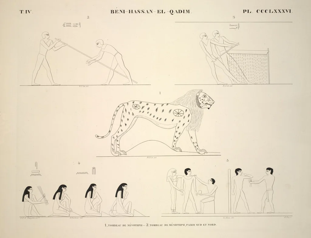 An illustration from Monuments de l'Égypte et de la Nubie, d'après les dessins exécutés sur les lieux sous la direction de Champollion-le-jeune, et les descriptions autographes qu'il en a rédigées; pub. sous les auspices de M. Guizot et de M. Thiers ... par une commission spéciale. Planches, 1835, leaf 443