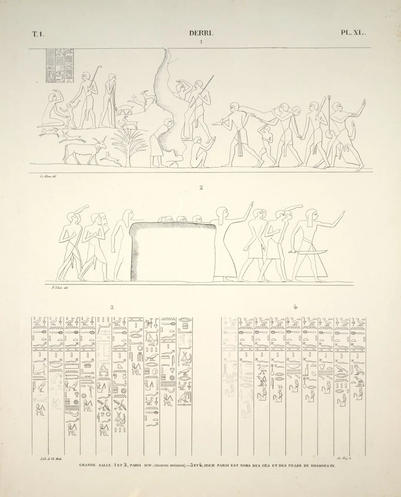 An illustration from Monuments de l'Égypte et de la Nubie, d'après les dessins exécutés sur les lieux sous la direction de Champollion-le-jeune, et les descriptions autographes qu'il en a rédigées; pub. sous les auspices de M. Guizot et de M. Thiers ... par une commission spéciale. Planches, 1835, leaf 45