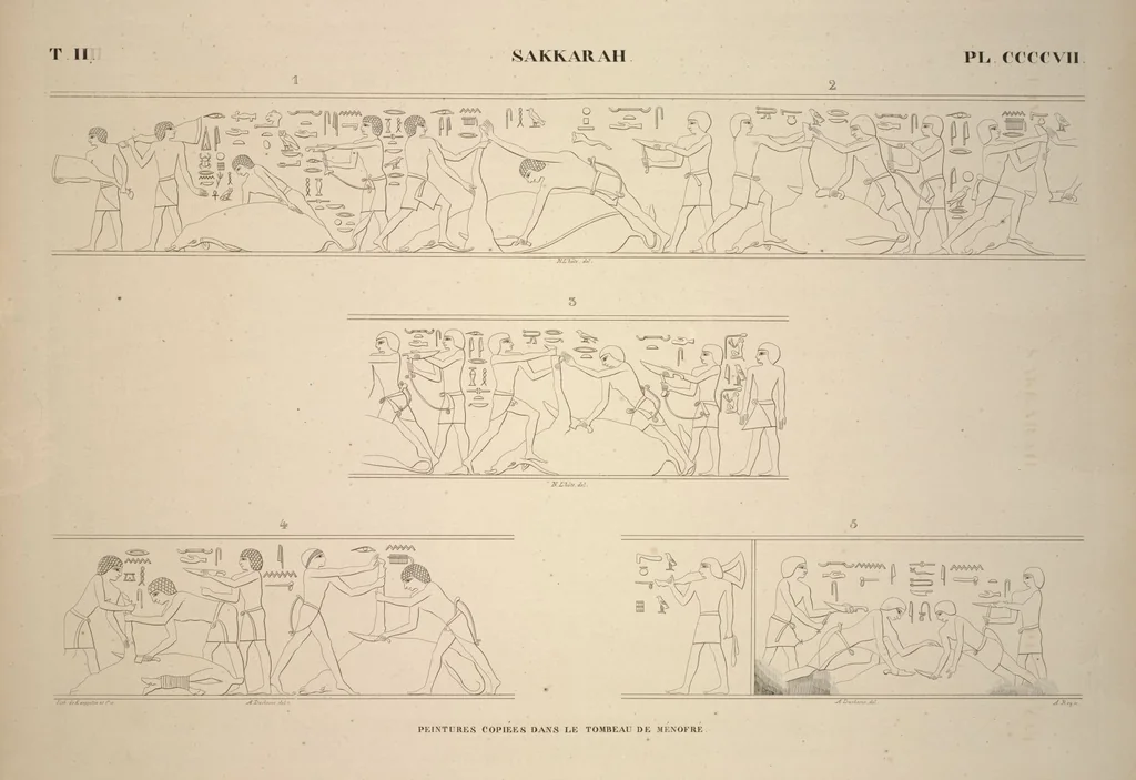 An illustration from Monuments de l'Égypte et de la Nubie, d'après les dessins exécutés sur les lieux sous la direction de Champollion-le-jeune, et les descriptions autographes qu'il en a rédigées; pub. sous les auspices de M. Guizot et de M. Thiers ... par une commission spéciale. Planches, 1835, leaf 467