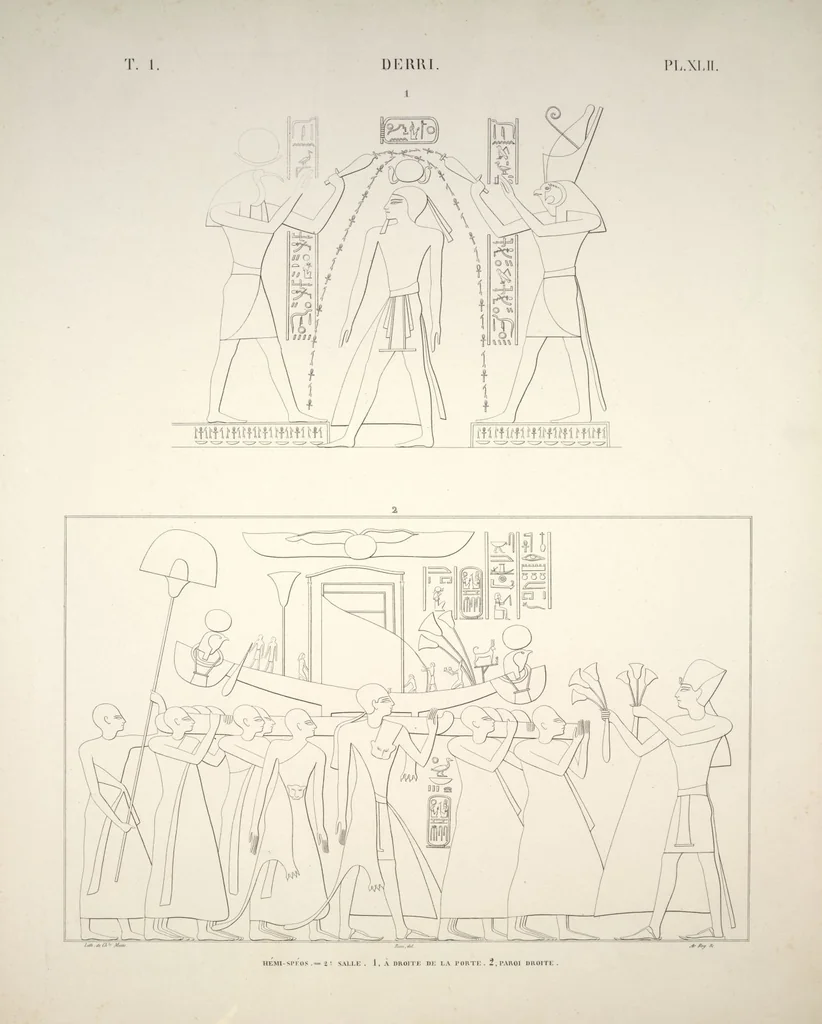 An illustration from Monuments de l'Égypte et de la Nubie, d'après les dessins exécutés sur les lieux sous la direction de Champollion-le-jeune, et les descriptions autographes qu'il en a rédigées; pub. sous les auspices de M. Guizot et de M. Thiers ... par une commission spéciale. Planches, 1835, leaf 47