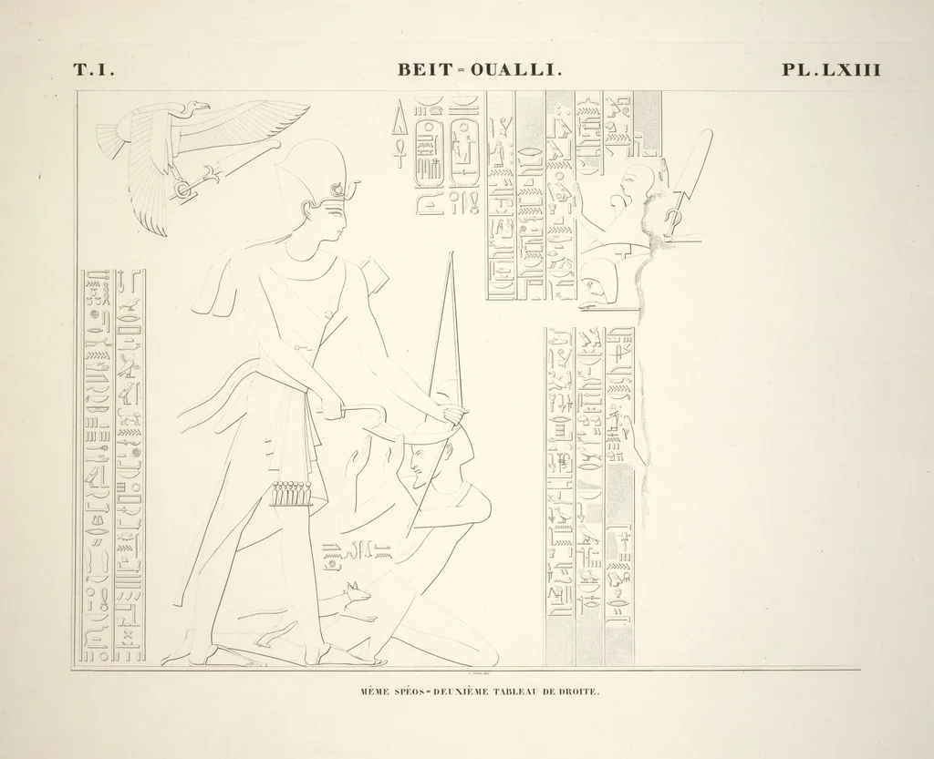 An illustration from Monuments de l'Égypte et de la Nubie, d'après les dessins exécutés sur les lieux sous la direction de Champollion-le-jeune, et les descriptions autographes qu'il en a rédigées; pub. sous les auspices de M. Guizot et de M. Thiers ... par une commission spéciale. Planches, 1835, leaf 74