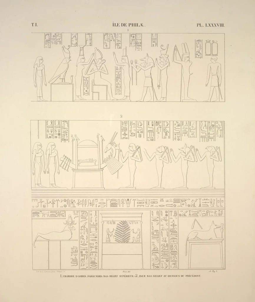 An illustration from Monuments de l'Égypte et de la Nubie, d'après les dessins exécutés sur les lieux sous la direction de Champollion-le-jeune, et les descriptions autographes qu'il en a rédigées; pub. sous les auspices de M. Guizot et de M. Thiers ... par une commission spéciale. Planches, 1835, leaf 99