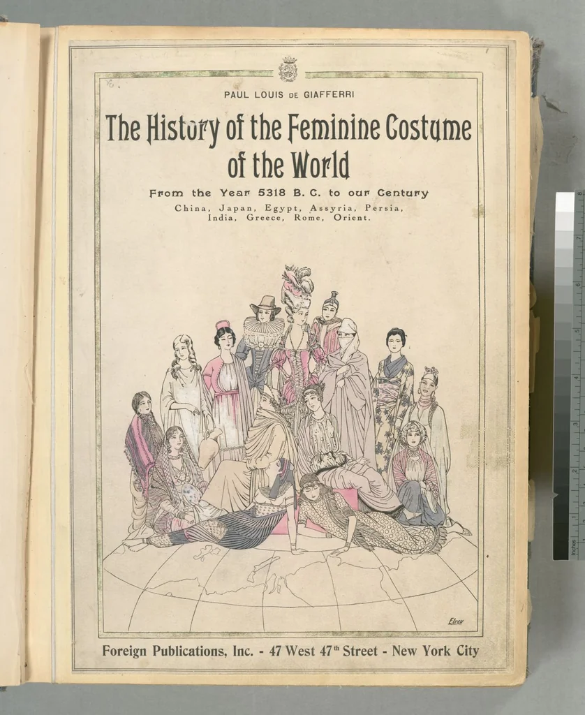 An illustration from The history of the feminine costume of the world, from the year 5318 B.C. to our century, 1926, leaf 1