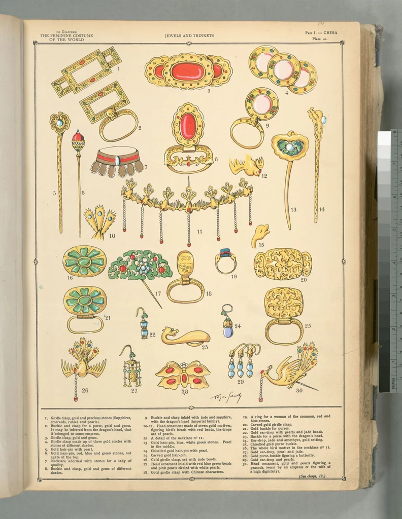 An illustration from The history of the feminine costume of the world, from the year 5318 B.C. to our century, 1926, leaf 12