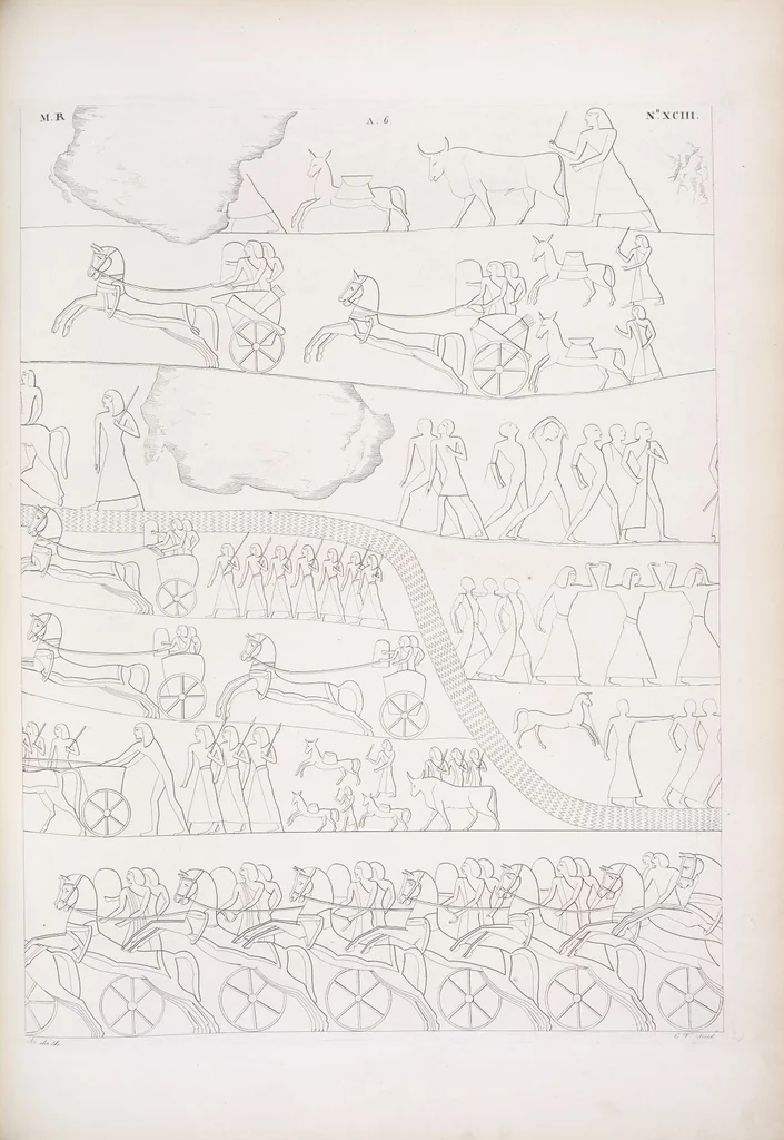 An illustration from I monumenti dell'Egitto e della Nubia disegnati dalla spedizione scientifico-letteraria toscana in Egitto; distribuiti in ordine di materie interpretati ed illustrati dal dottore Ippolito Rosellini, 1832, leaf 102