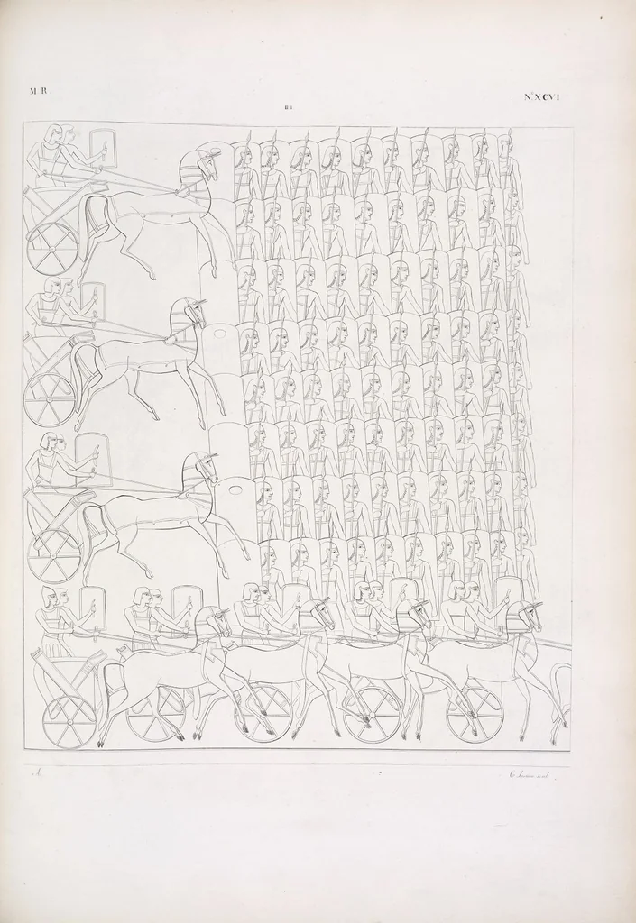 An illustration from I monumenti dell'Egitto e della Nubia disegnati dalla spedizione scientifico-letteraria toscana in Egitto; distribuiti in ordine di materie interpretati ed illustrati dal dottore Ippolito Rosellini, 1832, leaf 105