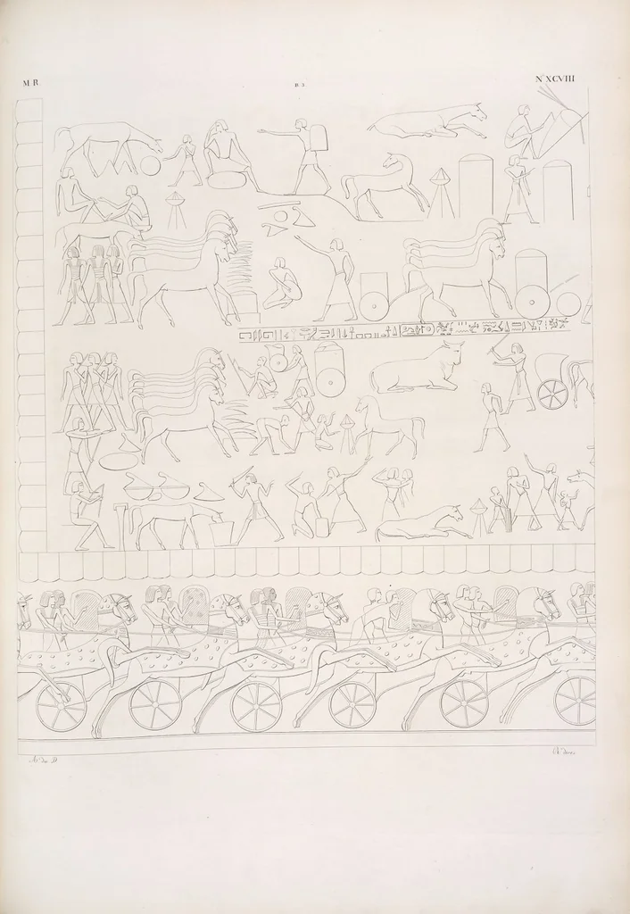 An illustration from I monumenti dell'Egitto e della Nubia disegnati dalla spedizione scientifico-letteraria toscana in Egitto; distribuiti in ordine di materie interpretati ed illustrati dal dottore Ippolito Rosellini, 1832, leaf 107