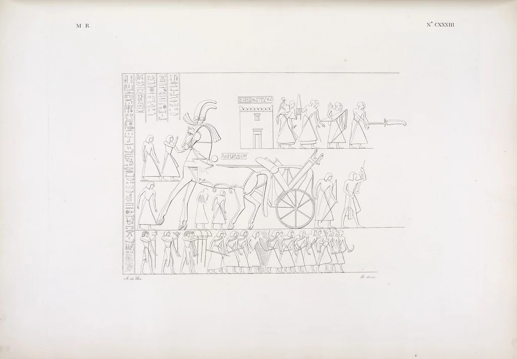 An illustration from I monumenti dell'Egitto e della Nubia disegnati dalla spedizione scientifico-letteraria toscana in Egitto; distribuiti in ordine di materie interpretati ed illustrati dal dottore Ippolito Rosellini, 1832, leaf 142