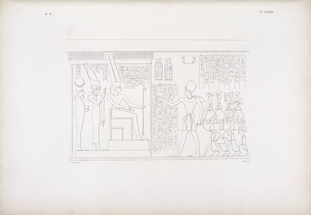 An illustration from I monumenti dell'Egitto e della Nubia disegnati dalla spedizione scientifico-letteraria toscana in Egitto; distribuiti in ordine di materie interpretati ed illustrati dal dottore Ippolito Rosellini, 1832, leaf 143