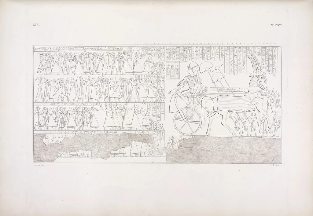 An illustration from I monumenti dell'Egitto e della Nubia disegnati dalla spedizione scientifico-letteraria toscana in Egitto; distribuiti in ordine di materie interpretati ed illustrati dal dottore Ippolito Rosellini, 1832, leaf 144
