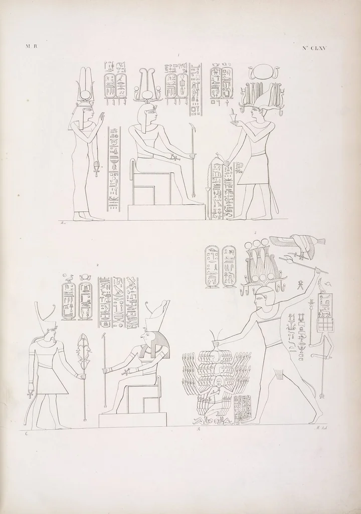 An illustration from I monumenti dell'Egitto e della Nubia disegnati dalla spedizione scientifico-letteraria toscana in Egitto; distribuiti in ordine di materie interpretati ed illustrati dal dottore Ippolito Rosellini, 1832, leaf 174