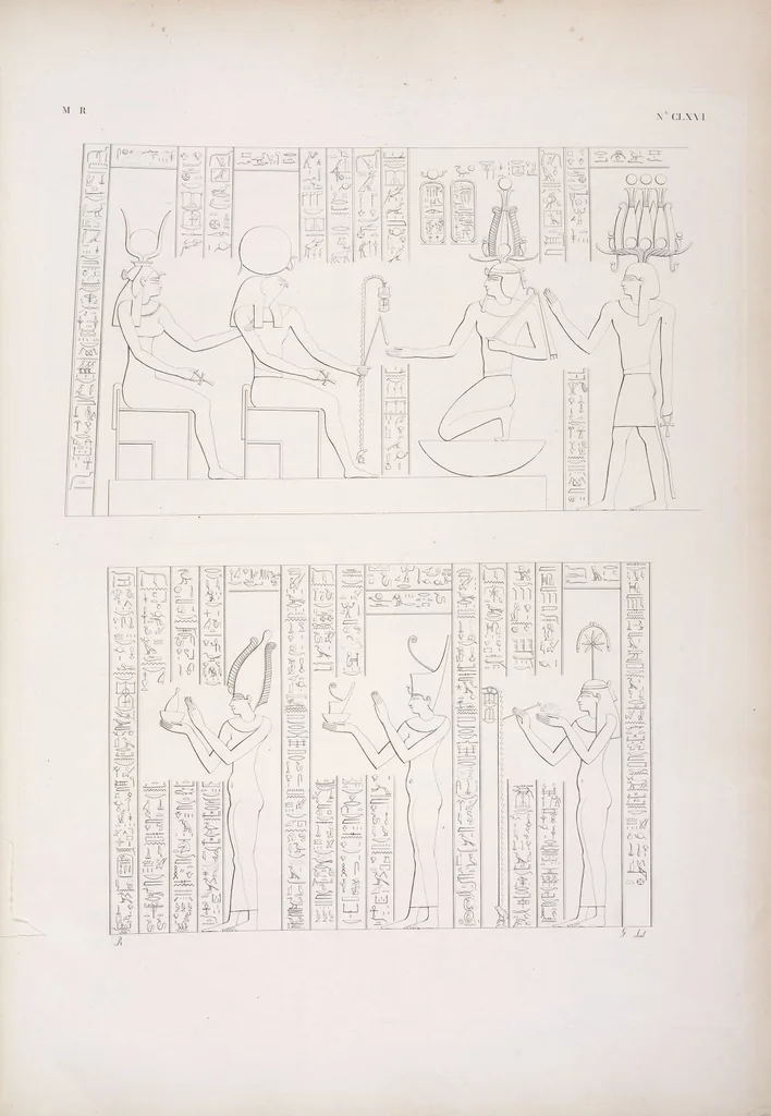 An illustration from I monumenti dell'Egitto e della Nubia disegnati dalla spedizione scientifico-letteraria toscana in Egitto; distribuiti in ordine di materie interpretati ed illustrati dal dottore Ippolito Rosellini, 1832, leaf 175