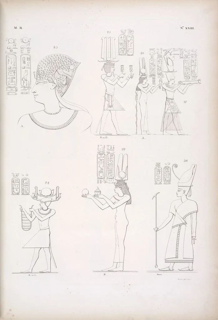 An illustration from I monumenti dell'Egitto e della Nubia disegnati dalla spedizione scientifico-letteraria toscana in Egitto; distribuiti in ordine di materie interpretati ed illustrati dal dottore Ippolito Rosellini, 1832, leaf 28