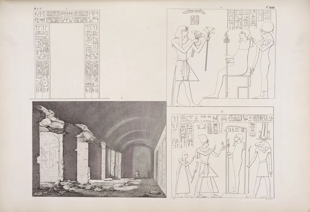 An illustration from I monumenti dell'Egitto e della Nubia disegnati dalla spedizione scientifico-letteraria toscana in Egitto; distribuiti in ordine di materie interpretati ed illustrati dal dottore Ippolito Rosellini, 1832, leaf 352