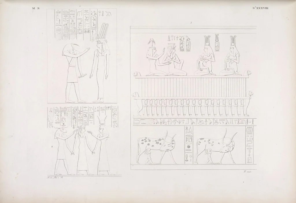 An illustration from I monumenti dell'Egitto e della Nubia disegnati dalla spedizione scientifico-letteraria toscana in Egitto; distribuiti in ordine di materie interpretati ed illustrati dal dottore Ippolito Rosellini, 1832, leaf 43