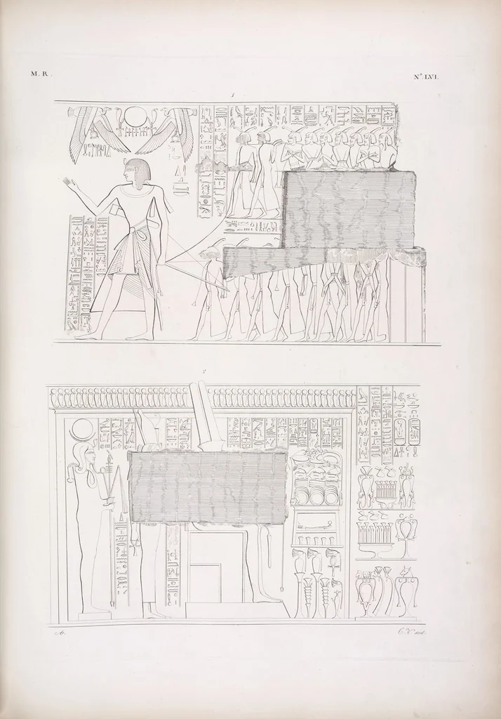 An illustration from I monumenti dell'Egitto e della Nubia disegnati dalla spedizione scientifico-letteraria toscana in Egitto; distribuiti in ordine di materie interpretati ed illustrati dal dottore Ippolito Rosellini, 1832, leaf 65