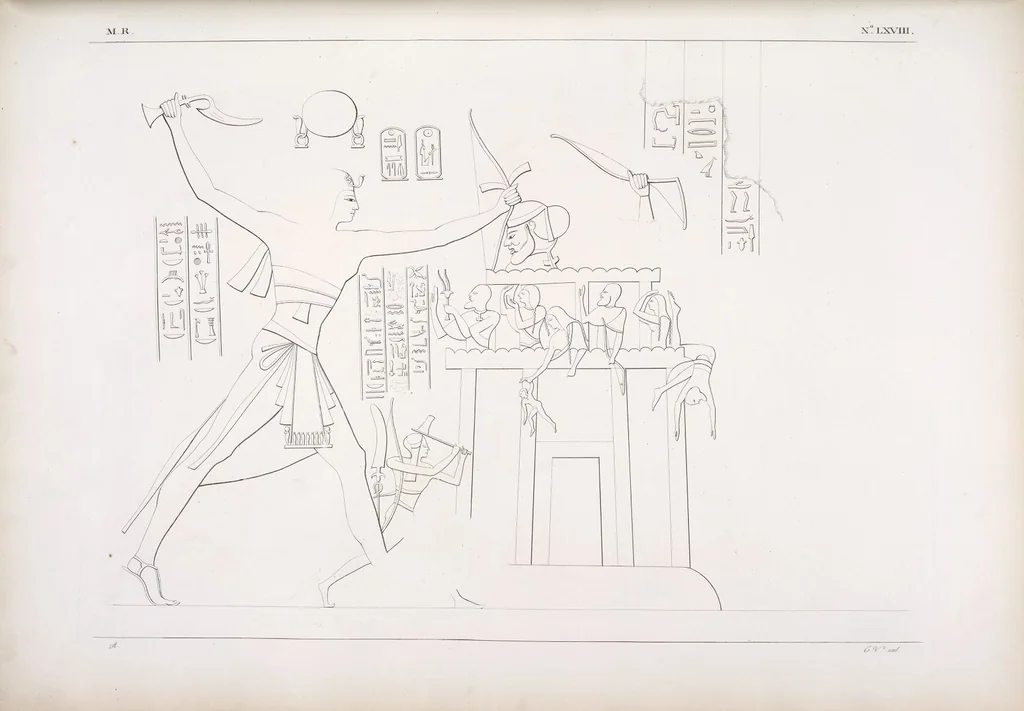 An illustration from I monumenti dell'Egitto e della Nubia disegnati dalla spedizione scientifico-letteraria toscana in Egitto; distribuiti in ordine di materie interpretati ed illustrati dal dottore Ippolito Rosellini, 1832, leaf 77