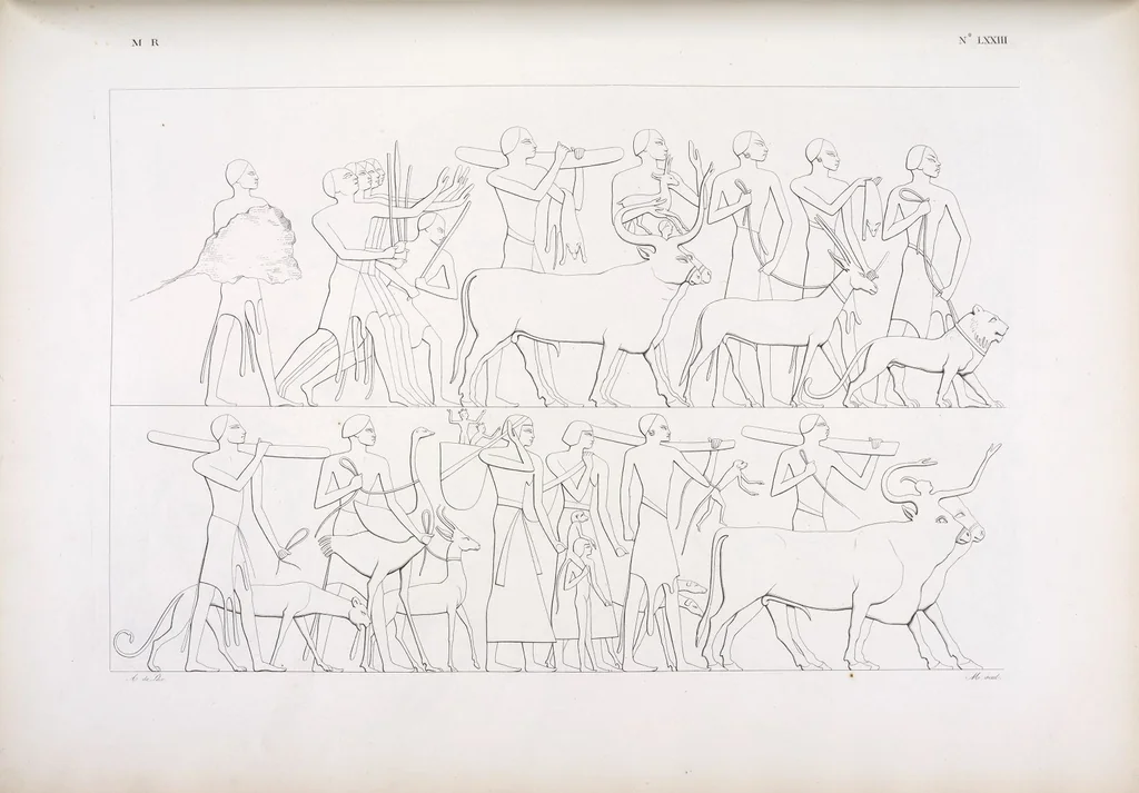 An illustration from I monumenti dell'Egitto e della Nubia disegnati dalla spedizione scientifico-letteraria toscana in Egitto; distribuiti in ordine di materie interpretati ed illustrati dal dottore Ippolito Rosellini, 1832, leaf 82
