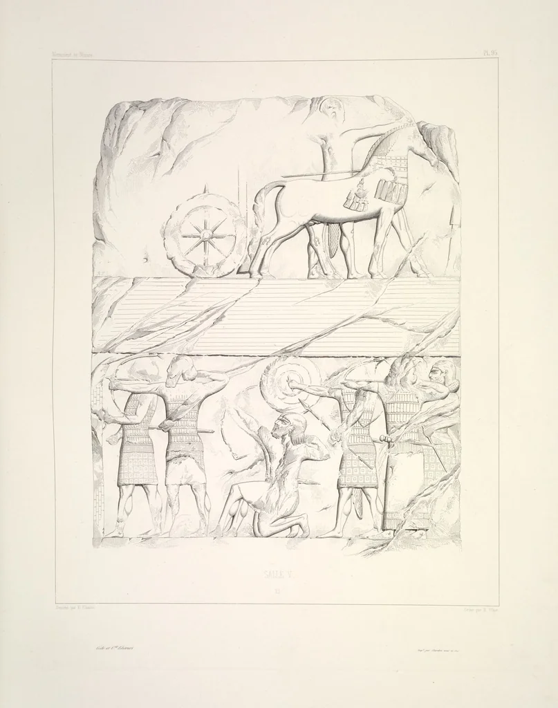 An illustration from Monument de Ninive, découvert et décrit par M.P.E. Botta; mesuré et dessiné par M.E. Flandin. Ouvrage publié par ordre du gouvernement sous les auspices de M. le ministre de l'intérieur et sous la direction d'une commission de l'Institut, 1849, leaf 100